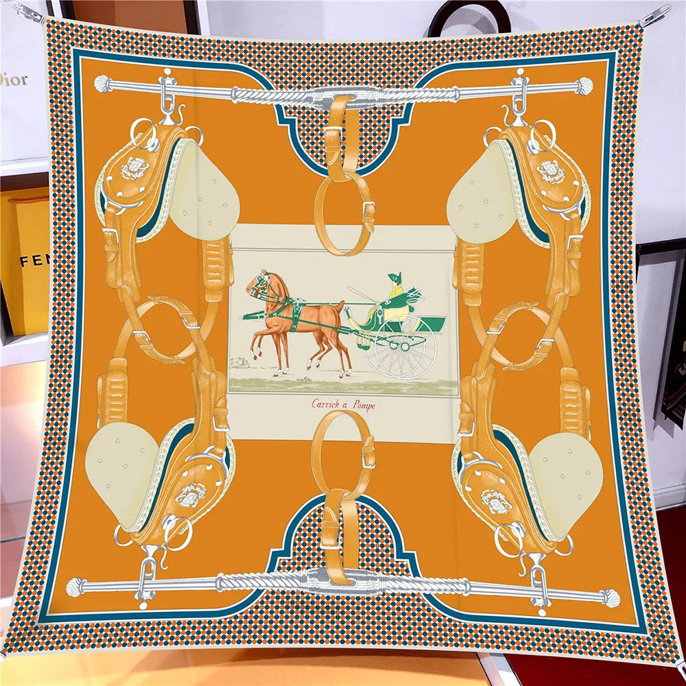 Pobing 90cm Twill Silk Scarf &ndash; Elegant Checkered Horse Print