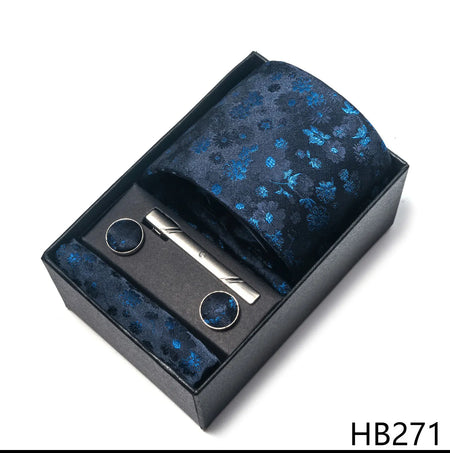 Elegant Plaid Silk Tie Handkerchief Cufflink Set for Men HB271