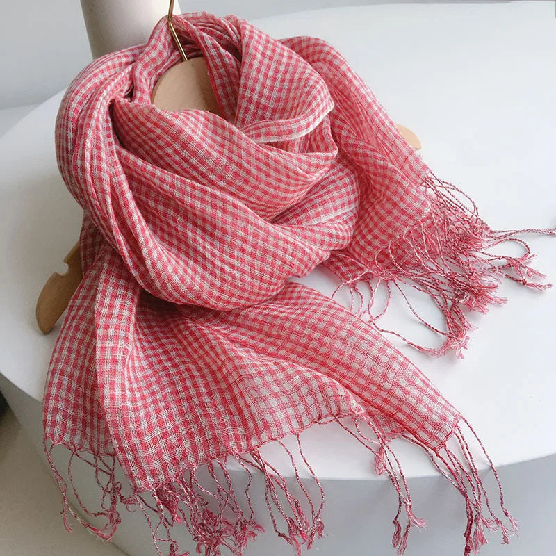 Spring Summer Small Plaid Tassel Linen Scarf &ndash; Effortless Style and Versatility red plaid