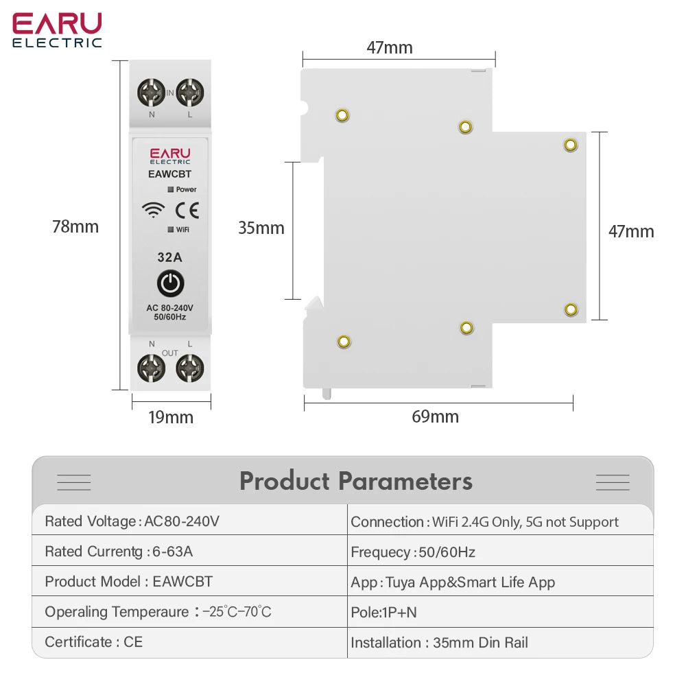 Tuya eWeLink WiFi Smart Circuit Breaker 1P+N 63A with Voice Control