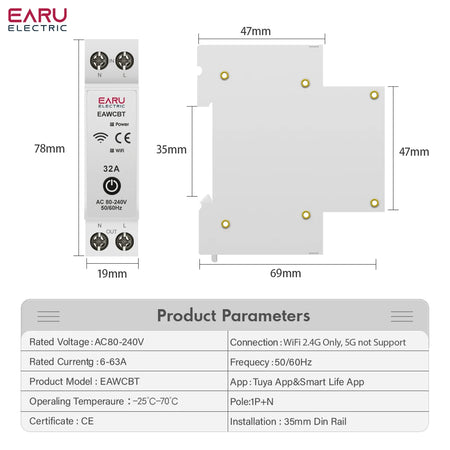Tuya eWeLink WiFi Smart Circuit Breaker 1P+N 63A with Voice Control