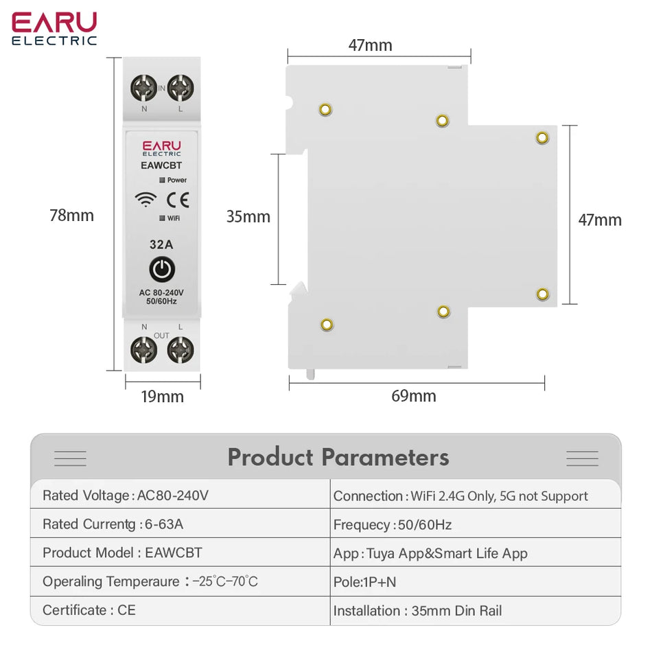 Tuya eWeLink WiFi Smart Circuit Breaker 1P+N 63A with Voice Control