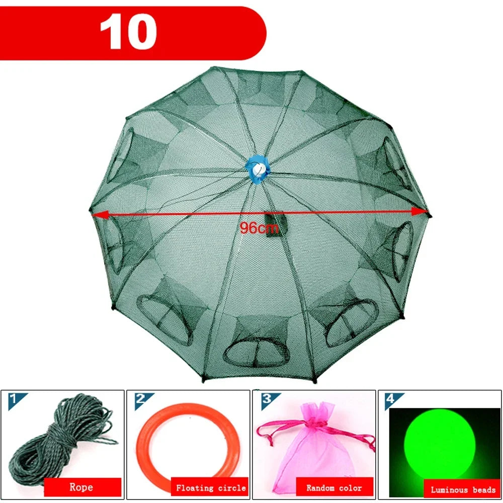 Portable Foldable Fishing Net Shrimp Cage - Automatic Nylon Fish Trap 10 HOLES
