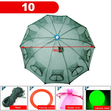 Portable Foldable Fishing Net Shrimp Cage - Automatic Nylon Fish Trap 10 HOLES