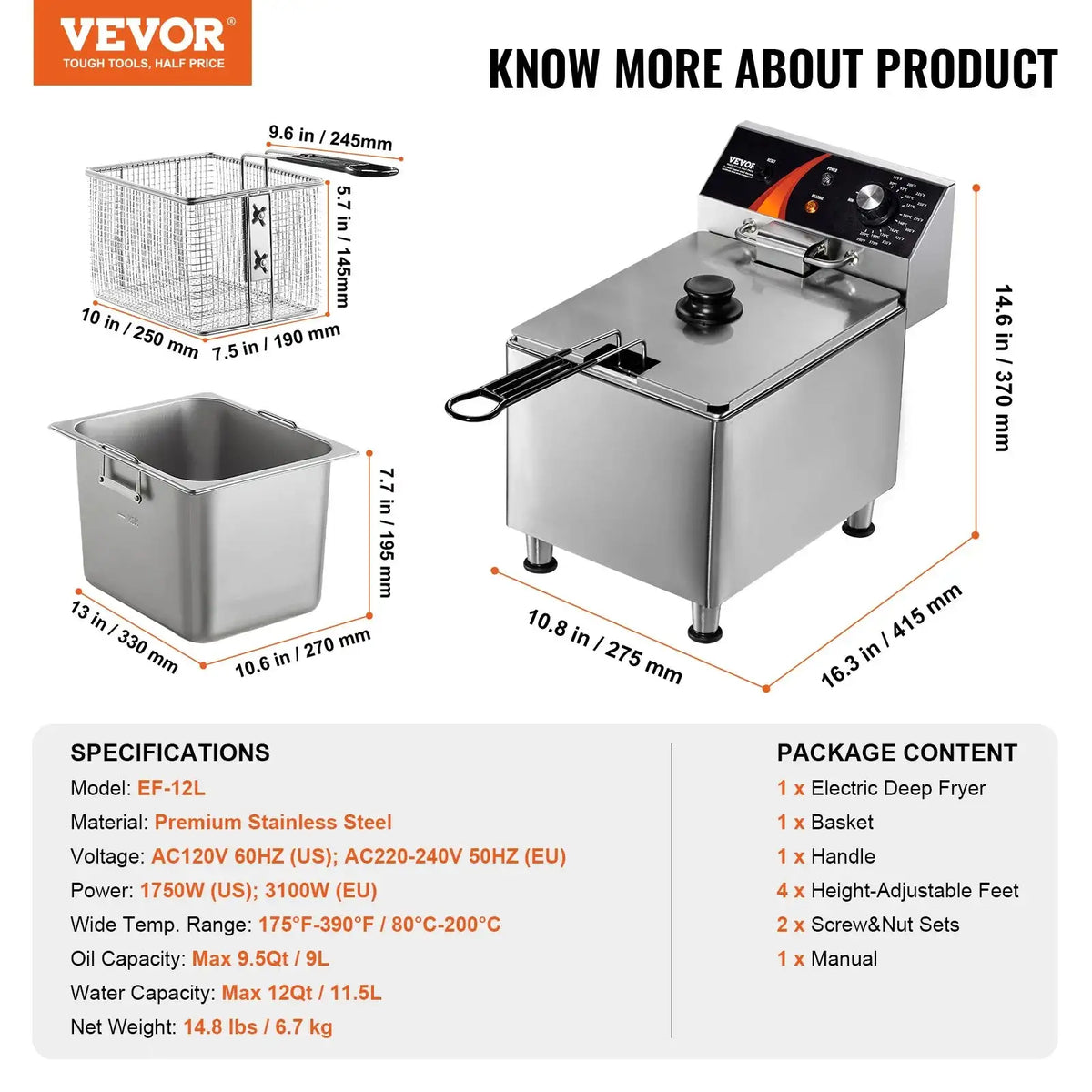 Stainless Steel Countertop Deep Fryer With Basket Basic type / france