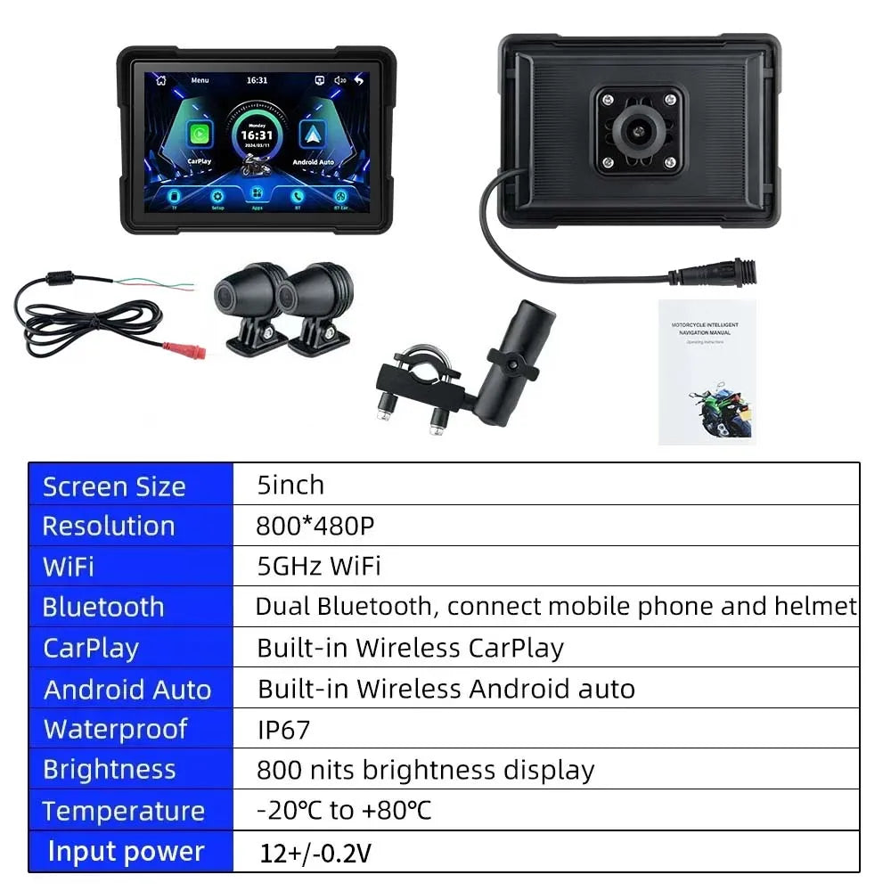 EKIY Motorcycle GPS 5 Inch &ndash; Wireless CarPlay and Android Auto Support MTC-13-DVR