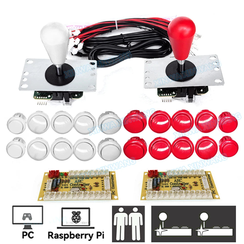 Arcade Joystick DIY Kit for PC and Raspberry Pi 2 player white red
