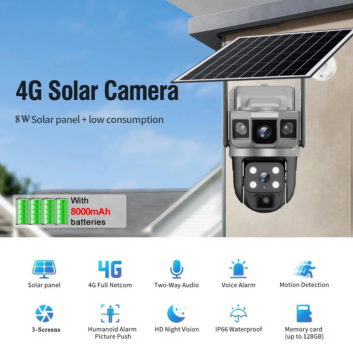 V380Pro 12 MP Solar 4G IP Camera Security CCTV Three Screen Auto Tracking Outdoor waterproof 6K Security Surveillance PTZ Camera