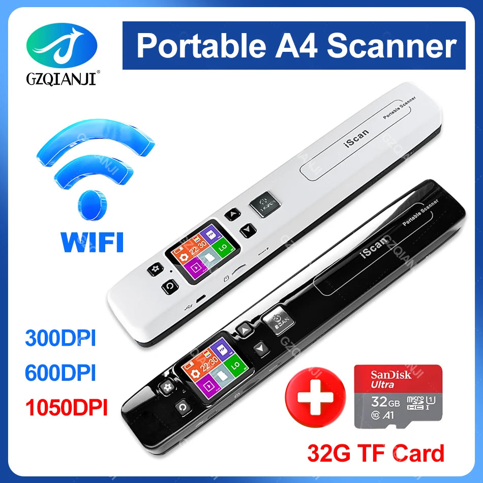 Escáner de documentos portátil A4 inalámbrico con 1050 DPI, USB y tarjeta TF de 32GB.