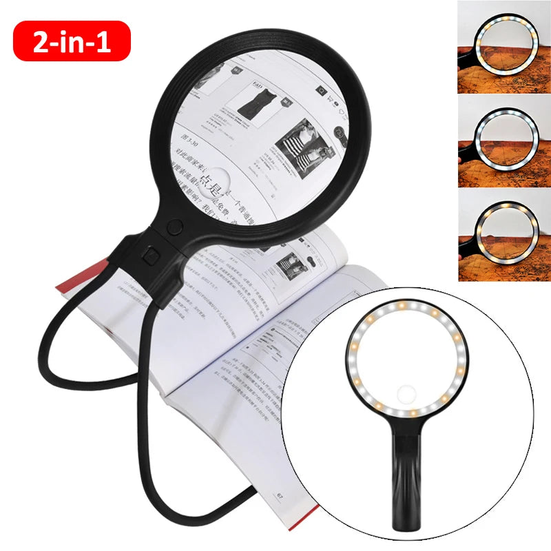 2-in-1 Neck and Handheld Magnifier with 30 LED Lights, Hands-Free Reading 5x/10x