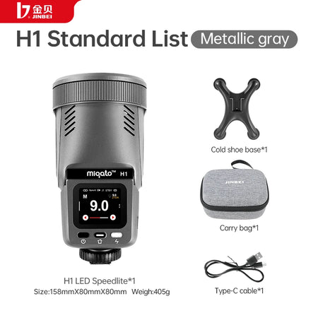 JINBEI H1 Round Head LED Speedlite - 2 in 1 Flash &amp; Video Light for Canon, Nikon, Sony Standard List gray / Sony Hot Shoe / CHINA