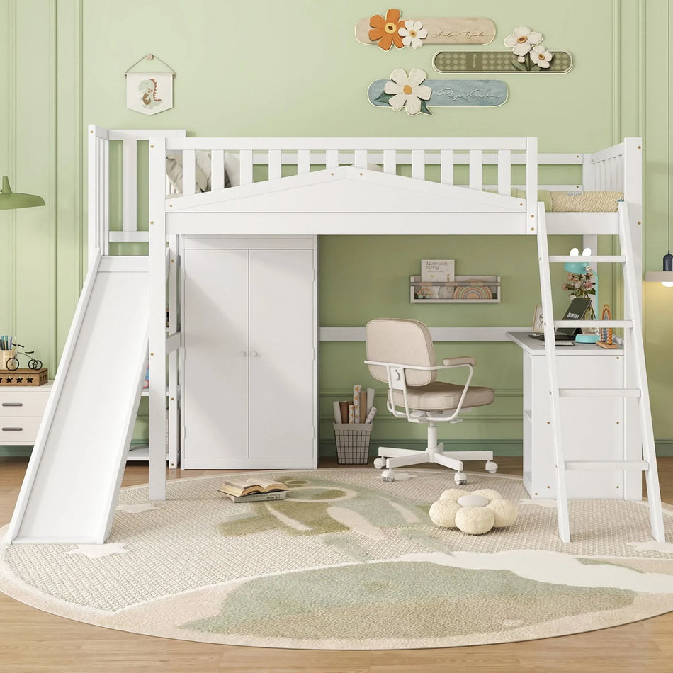 Barns våningssäng med säkerhetsgrind, bord och garderob för förvaring