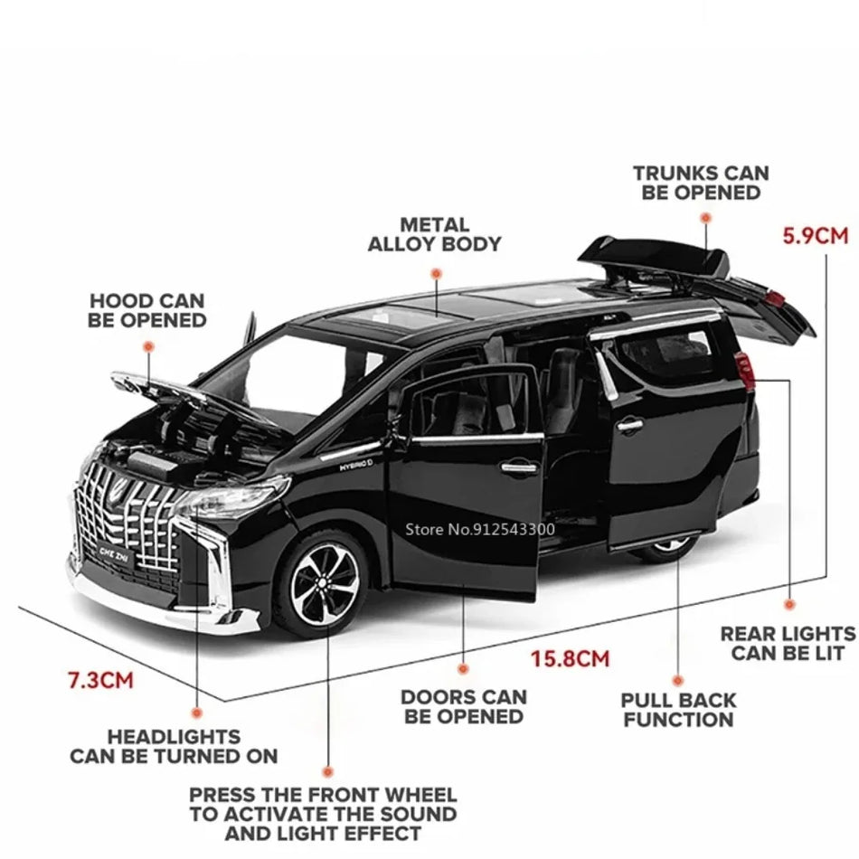 Mașină de jucărie din metal turnat Alphard Land Cruiser cu caroserie din aliaj, cu retragere, lumină și sunet.
