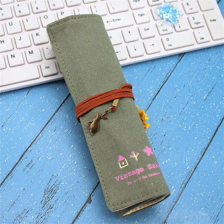 Kawaii 12-Hole Roll-Up Pencil Case for School Supplies Green