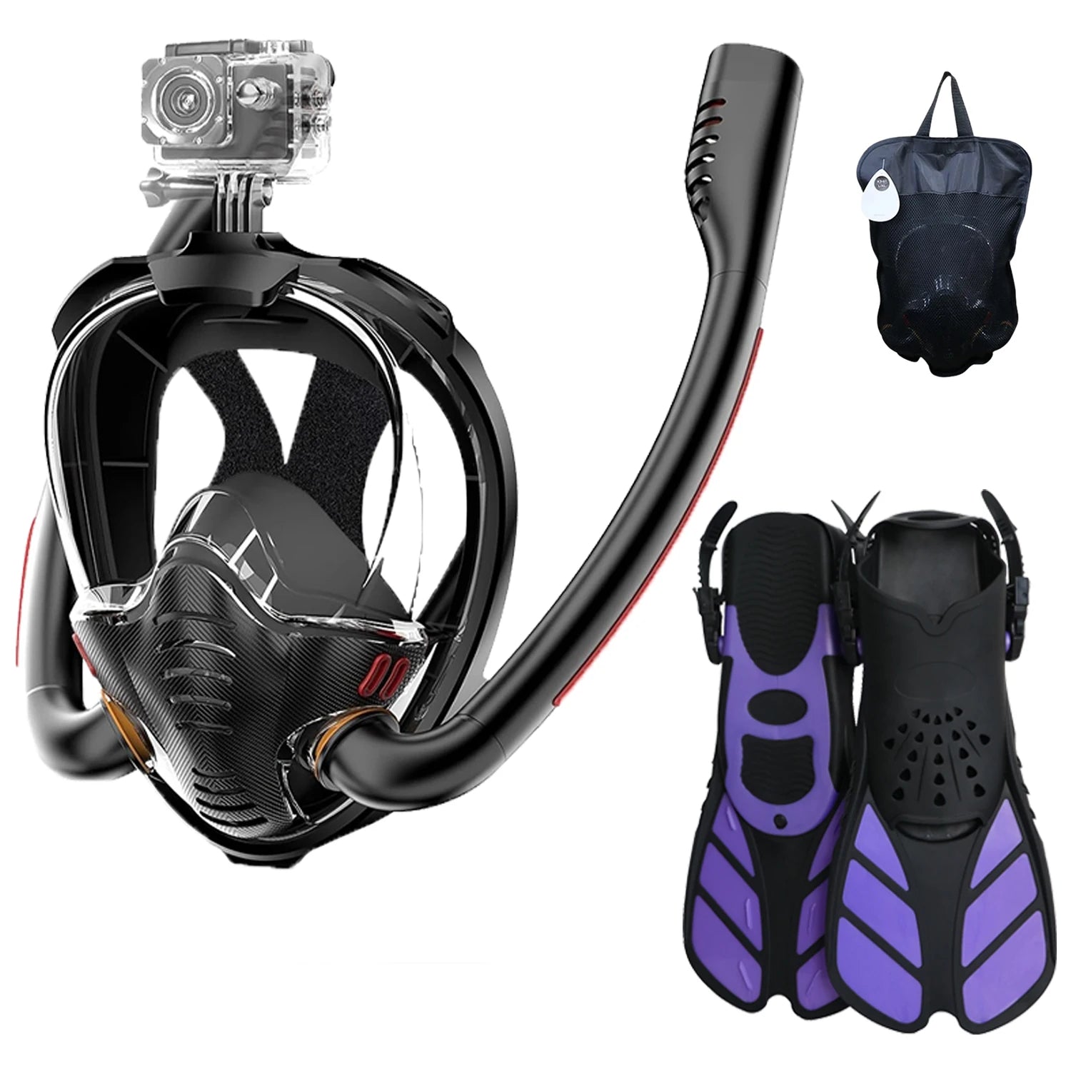Underwater Snorkeling Full Face Mask Set &ndash; Safe Breathing Black-Purple / S/M