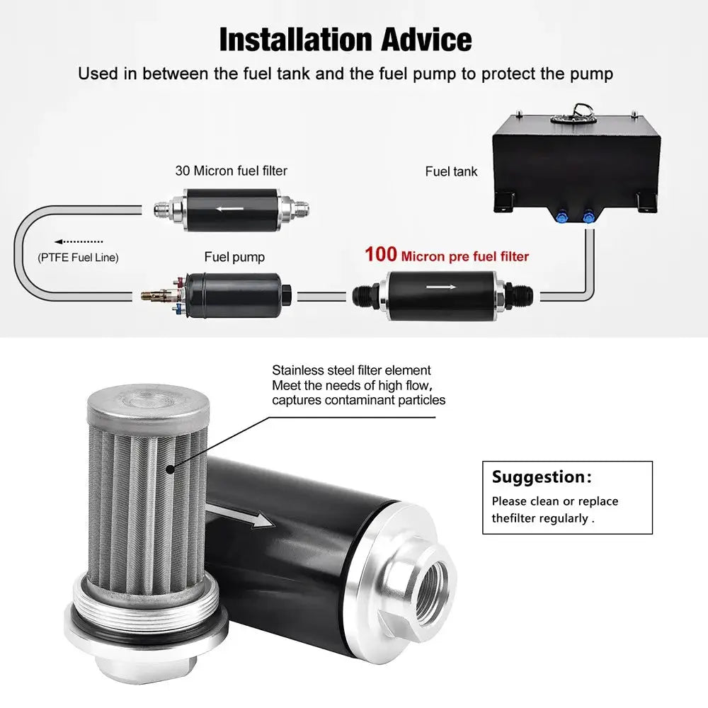 Universal 100 Micron Inline Fuel Filter Kit with 6AN 8AN 10AN Adapters & 50mm Mounting Bracket & Wrench Cleanable Black/Red by InterCyprus Trading Ltd