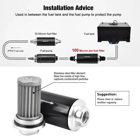 Universal 100 Micron Inline Fuel Filter Kit with 6AN 8AN 10AN Adapters & 50mm Mounting Bracket & Wrench Cleanable Black/Red by InterCyprus Trading Ltd