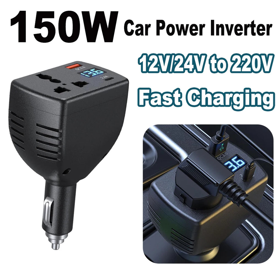 150W инвертор за автомобилна запалка DC 12V 24V към AC 220V с USB-C