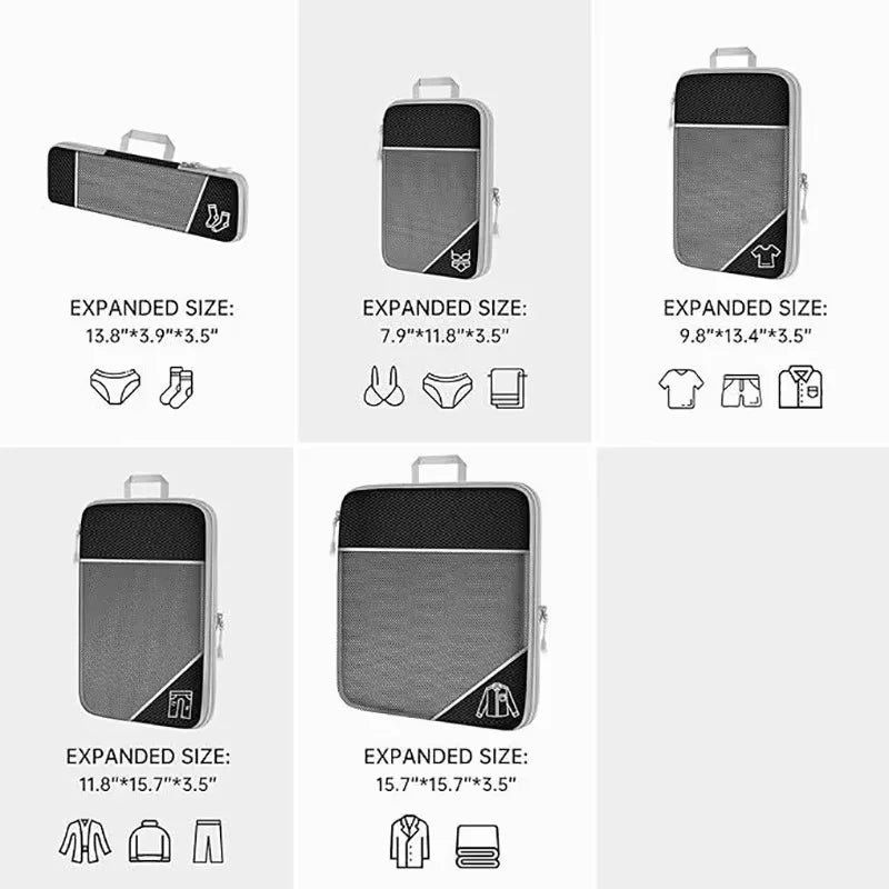 5-Pack Gecomprimeerde Nylon Inpakzakken Voor Reizen Met Gaasvenster En Schoenentas