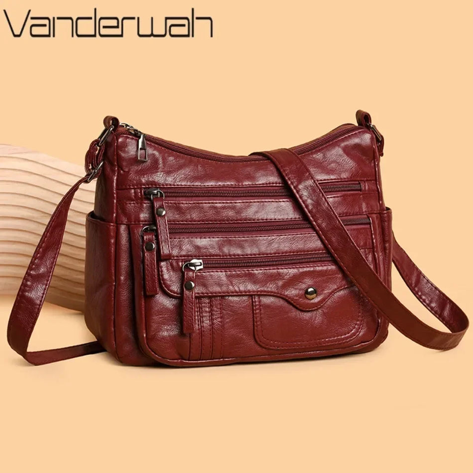 Multi-Layer Pockets Shoulder Bag for Women, Crossbody Wash Leather, Luxury Designer Purse
