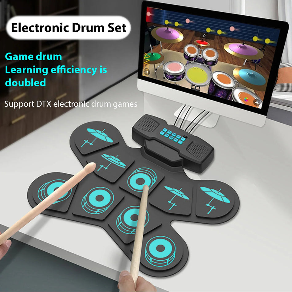 9-Pad Electronic Drum Set with Dual Speakers, Rechargeable Practice Kit, Drum Sticks and Foot Pedal