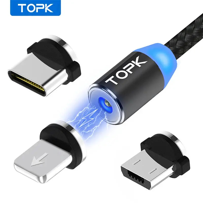 Magnetic Charging Cable 3 IN 1 TOPK 360 Degree Rotating Magnetic Phone Charger Cable Nylon Braided Magnetic Micro USB C Cable by InterCyprus Trading Ltd