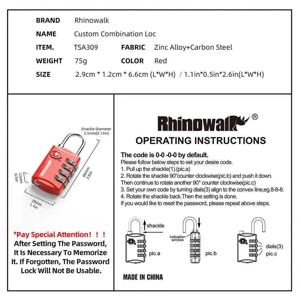 Rhinowalk TSA Locks Customs Combination Lock For Rhinowalk MJX2004 Mechanic Saddle Bag Anti-Theft Luggage Security Coded Lock by InterCyprus Trading Ltd