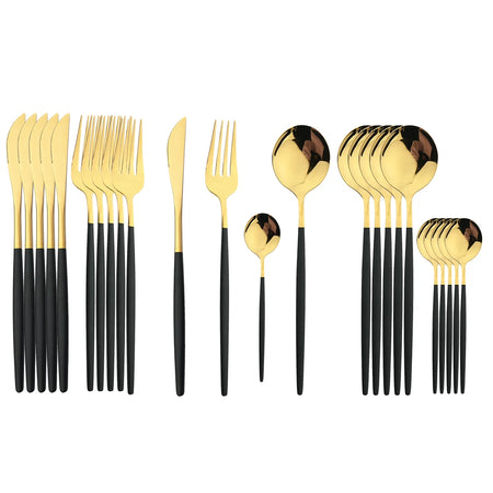 KNGZI 24Pcs Black Handle Golden Cutlery Set &ndash; Elegant Stainless Steel Flatware for Any Occasion Black Gold