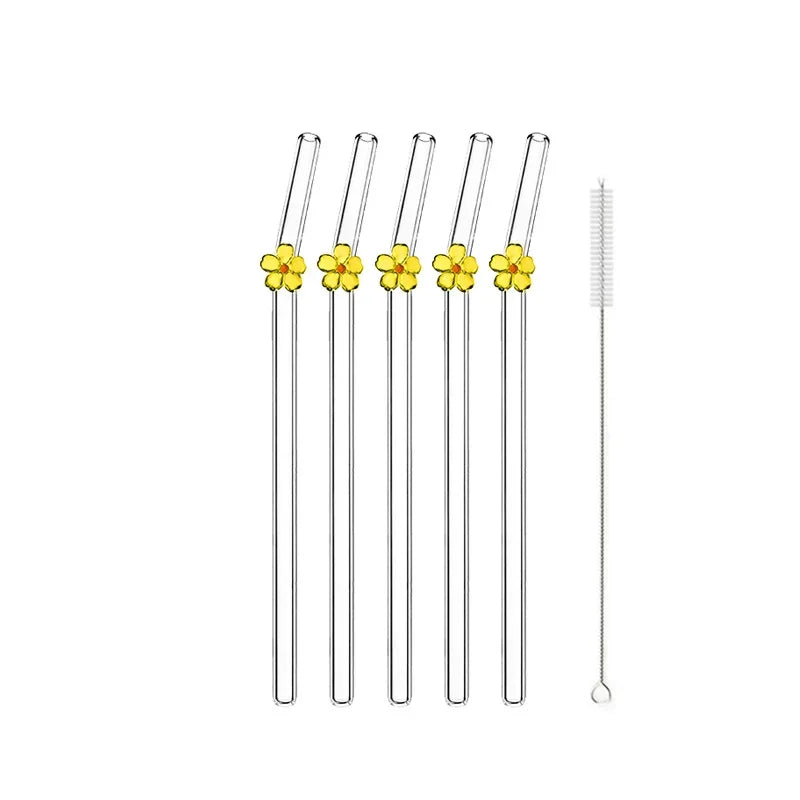 5Pcs Reusable Glass Straws &ndash; Eco-Friendly Flower Shape Design Yellow