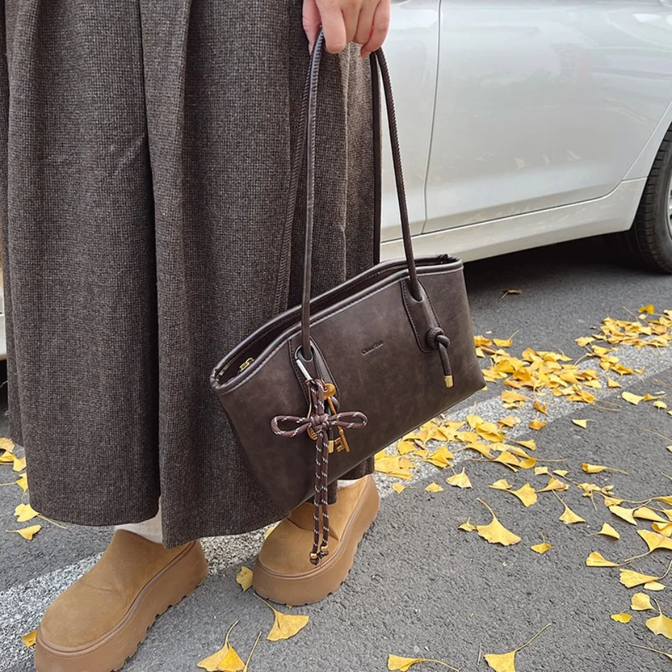 Winter PU Leather Shoulder Bag for Women, Y2K Crossbody with Zipper, Tassel, Polyester Lined