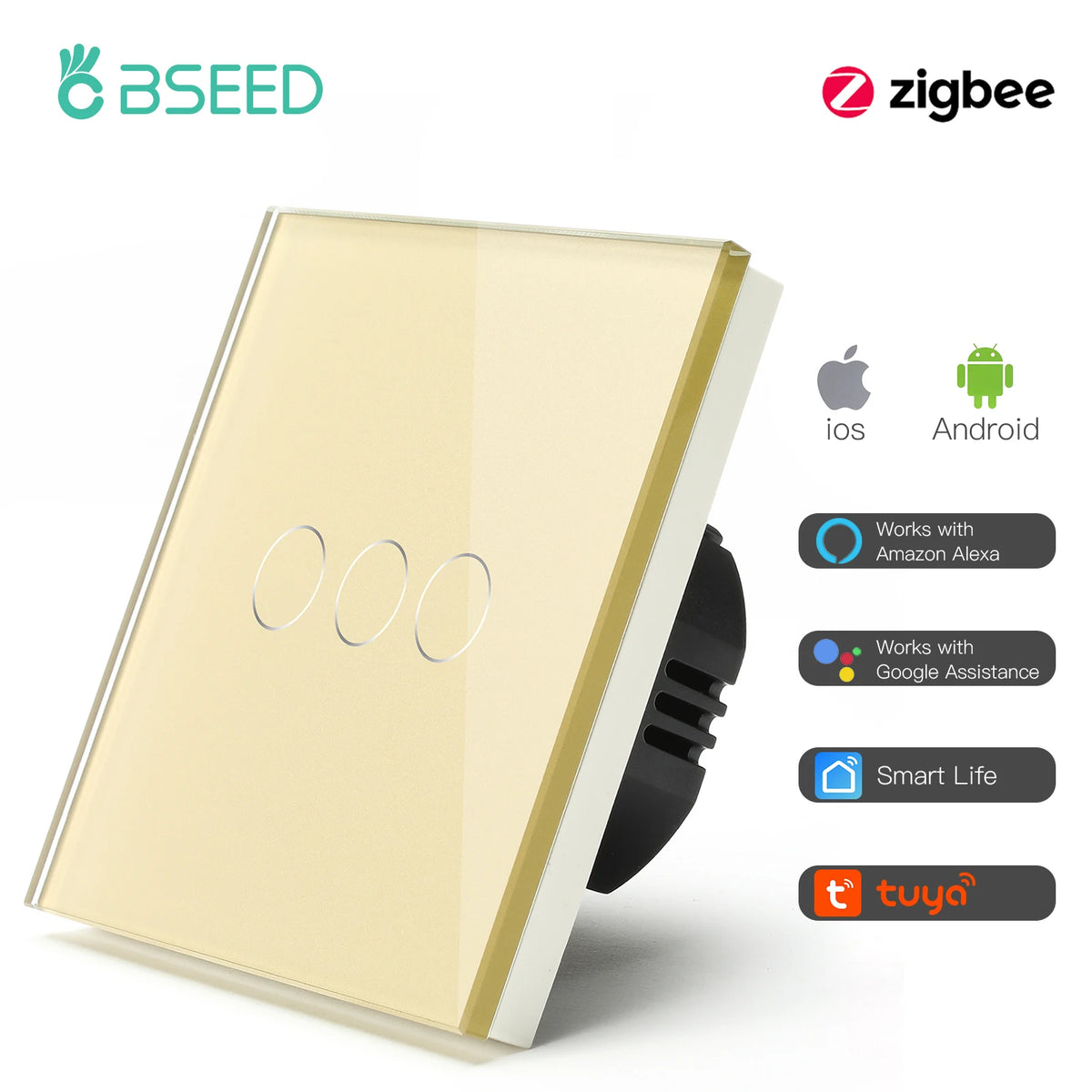 BSEED Zigbee Smart Touch Wall Switch - 1/2/3 Gang Control 3Gang Gold / Zigbee / EU standard