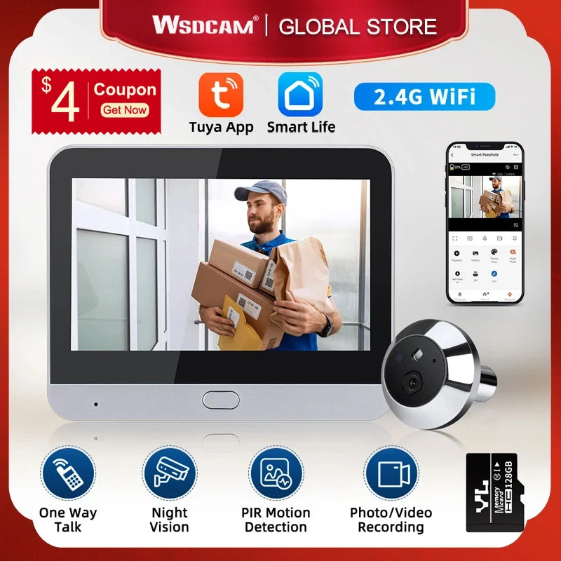 🟠 WSDCAM TUYA WIFI Πόρτα Bell 4.3inch Ασύρματο κουδούνι One Way Audio Night Vision Peephole Camera Smart Home Security-Προστασία