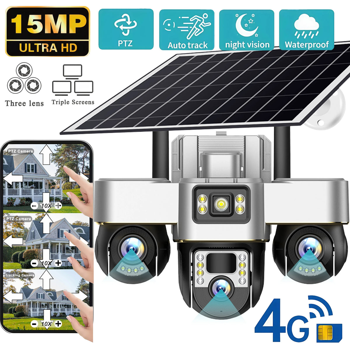 15MP 4G Three PTZ Solar Camera Three screen PIR Human Tracking Security CCTV Surveillance IP Camera PTZ control for all 3 Lens
