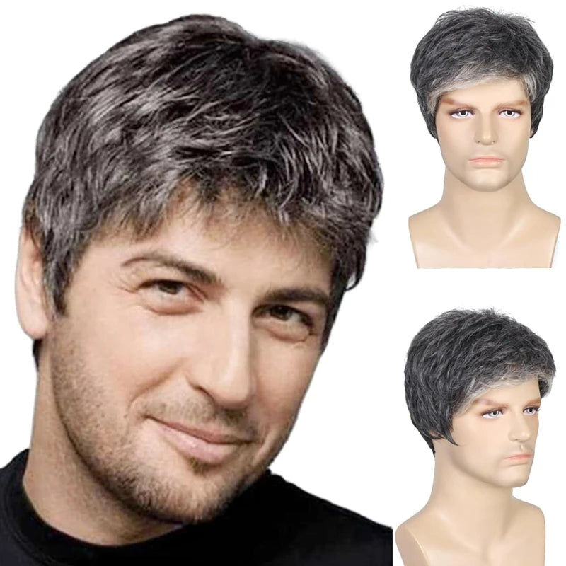 Men's Short Fluffy Straight Full Bang Black Synthetic Wig