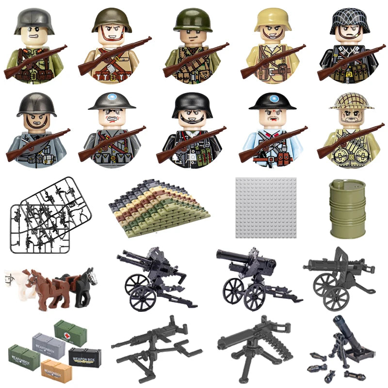 WWII Military Soldier Building Blocks Set - Compatible with Lego, Mini Gun Model Toy for Kids and Collectors