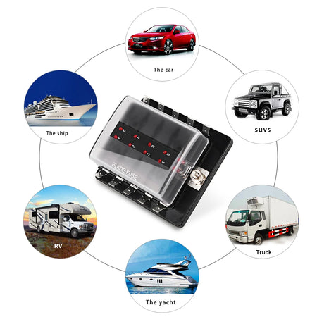 Universal 12V Car Boat Fuse Box Holder With 10 Ways Blade Fuse Holder Block &amp; Warning Indicator for Car Marine Boat