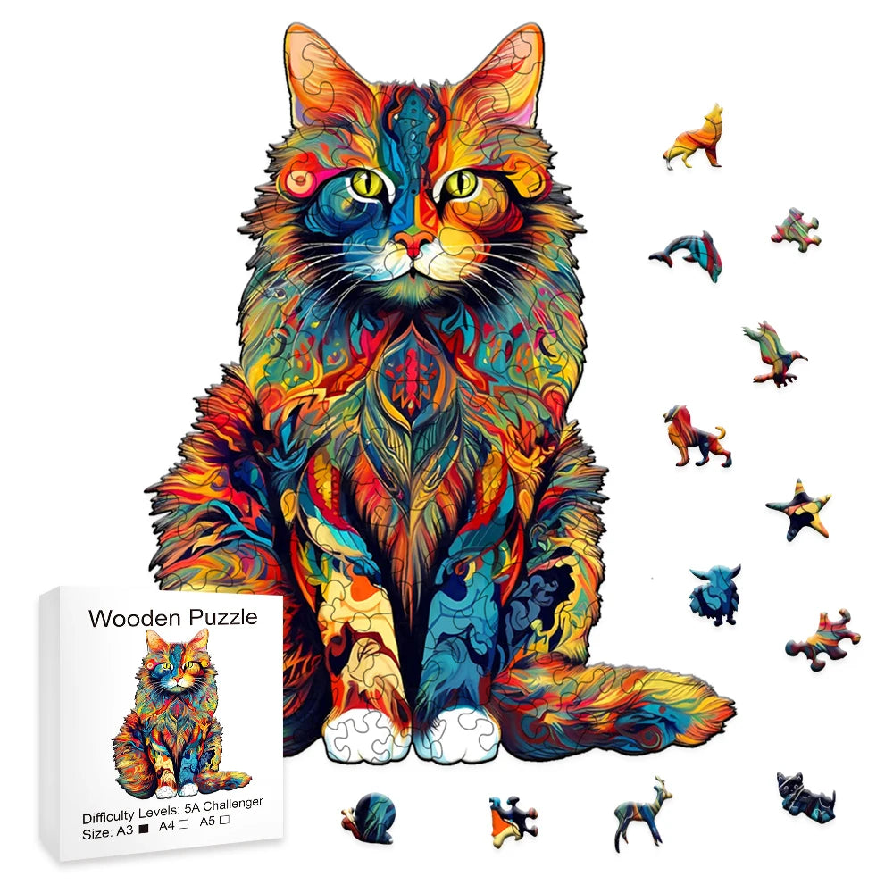 Wooden Jigsaw Puzzle - Colored Cat &amp; Peacock Design - Creative Intelligence Toy for Adults and Kids 14+