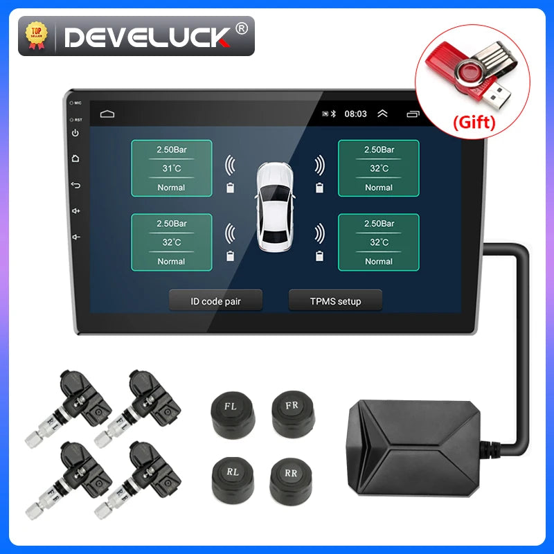 Sistema de Monitorização da Pressão dos Pneus TPMS Sem Fios USB Android Develuck Quatro Sensores Externos Alarme Para Navegação de Rádio de Carro