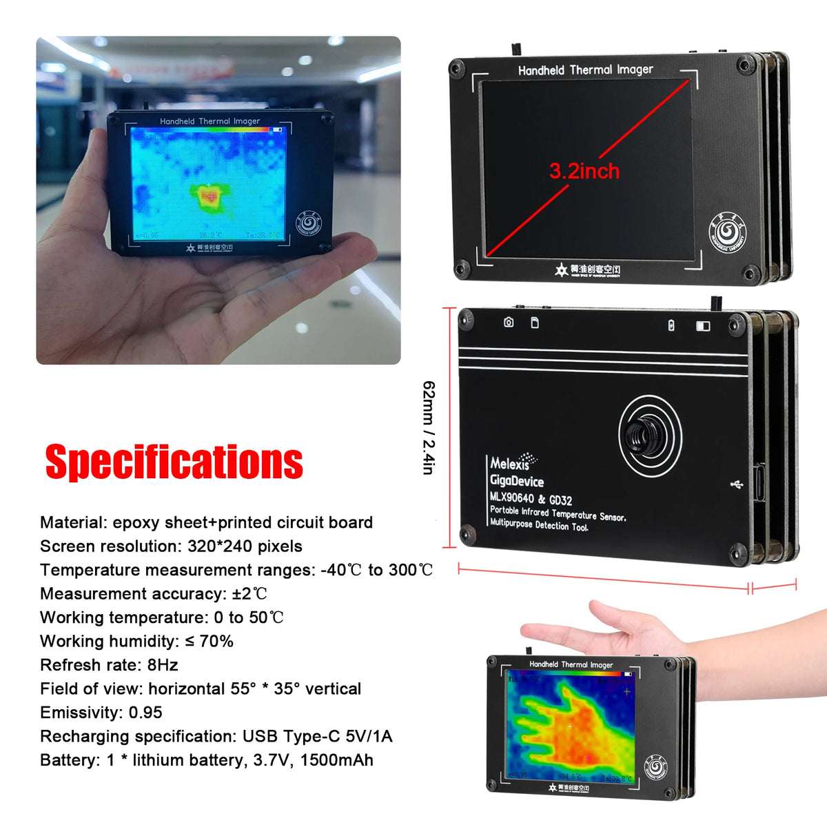 Portable Infrared Thermal Imaging Camera with 3.2 Inch LCD for -40 to 300u2103 Range
