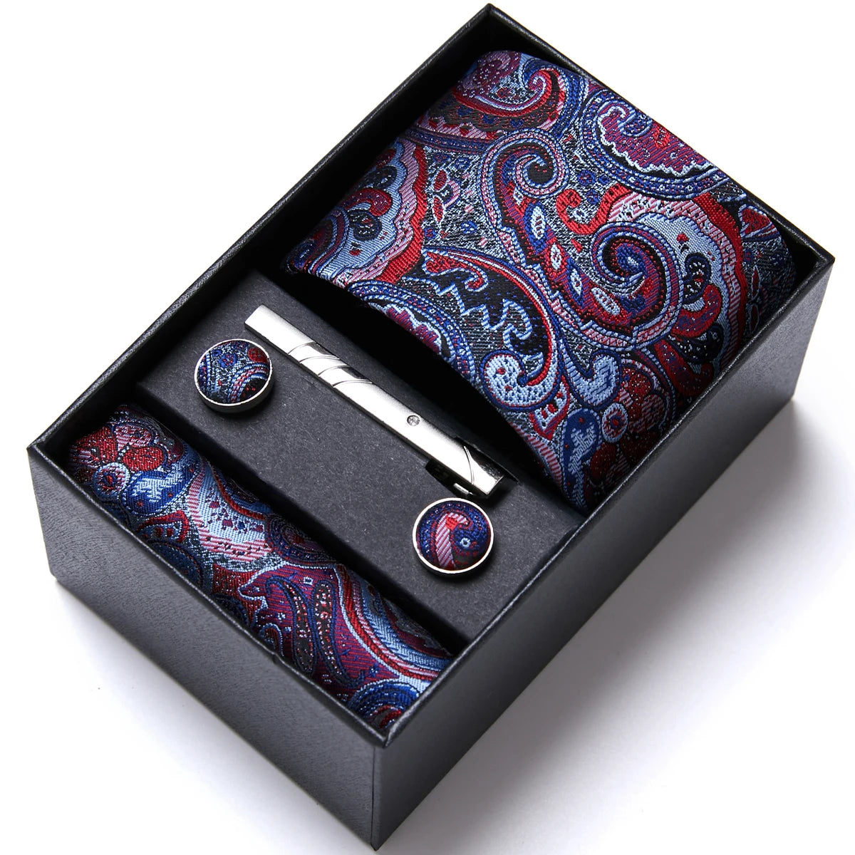 VanGise Blue Striped Necktie Set with Pocket Square and Cufflinks, Perfect for Weddings and Workplace