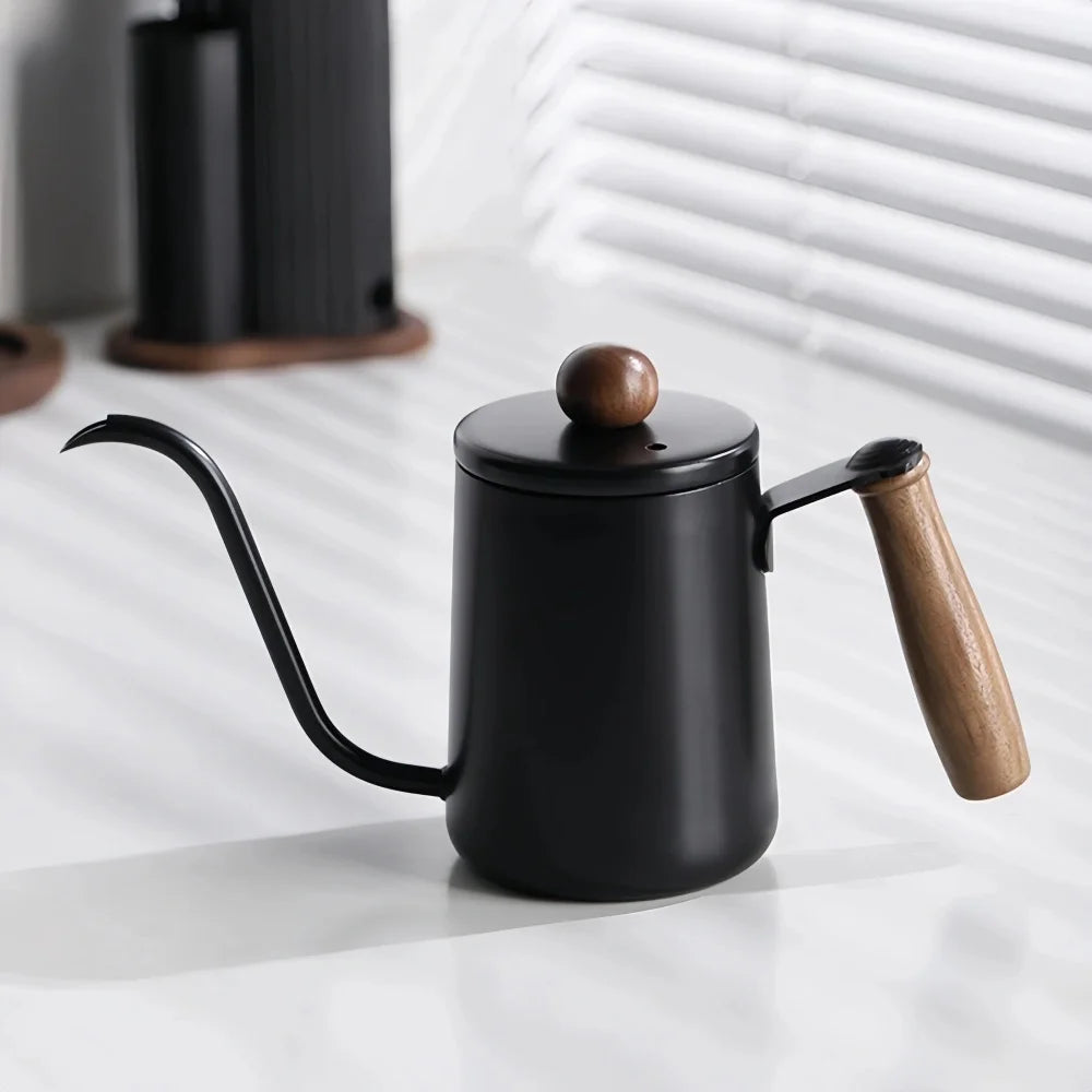 Hand Brewed Coffee Pot &ndash; Premium 304 Stainless Steel with Wooden Handle Black-600ML