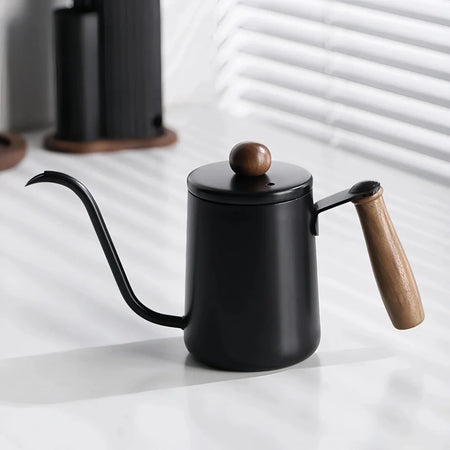 Hand Brewed Coffee Pot &ndash; Premium 304 Stainless Steel with Wooden Handle Black-600ML