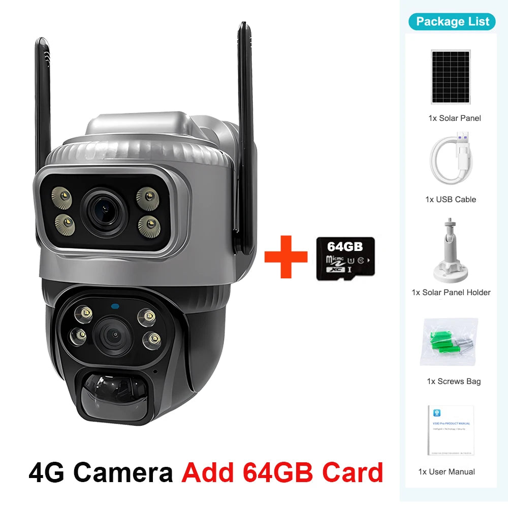 V380 Dual Lens 4G Camera with Solar PIR 4G Cam 64GB Card