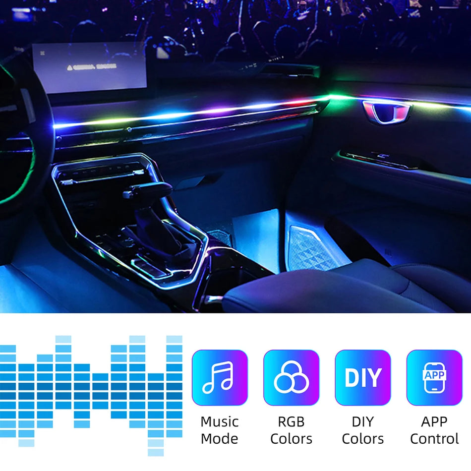Universāla automašīnas LED atmosfēras gaisma ar 256 RGB krāsām, iekšējā akrila gaisma