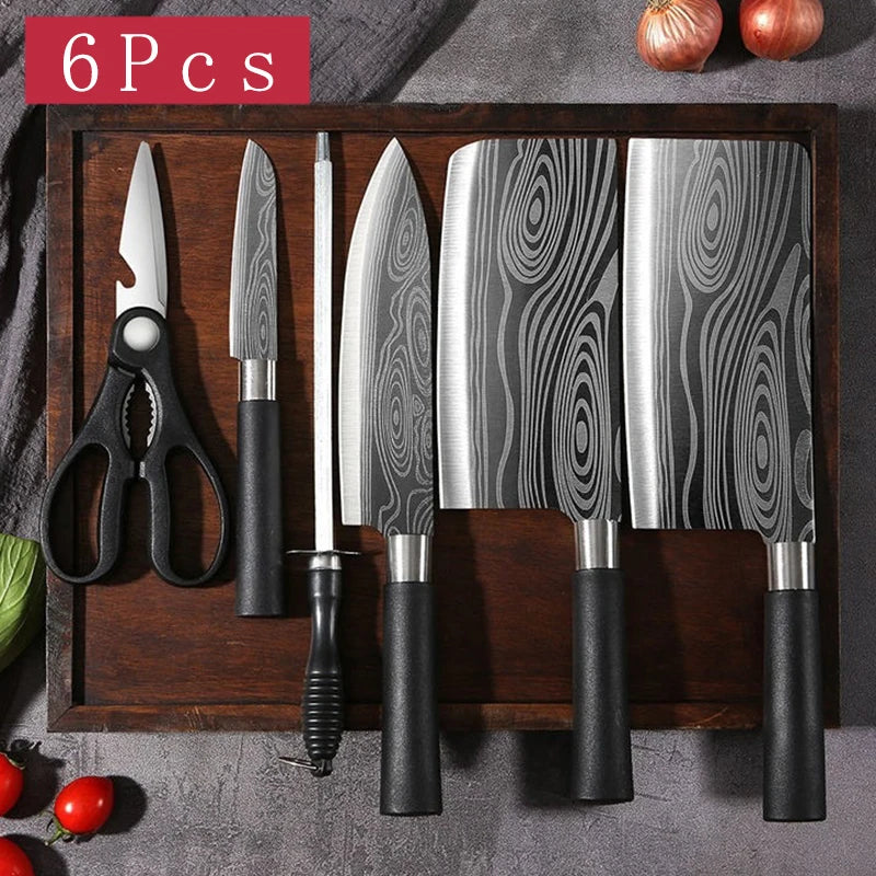 Laser Damascus Kitchen Knives Set with Scissors and Sharpening Rod 6 Pcs