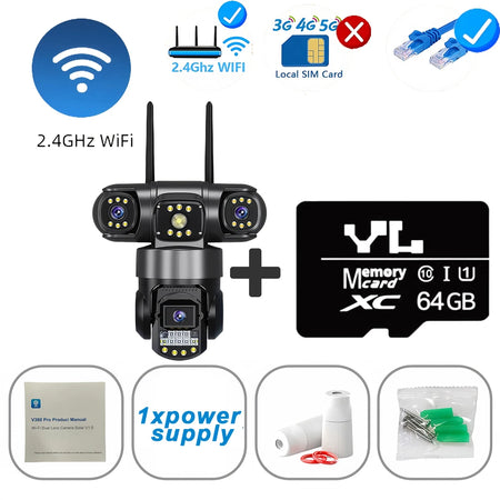 15MP 4G SIM Surveillance Camera Triple-Lens Triple Screens IP66 Outdoor HD Night Vision Outdoor WiFi IP Security Camera V380 Pro