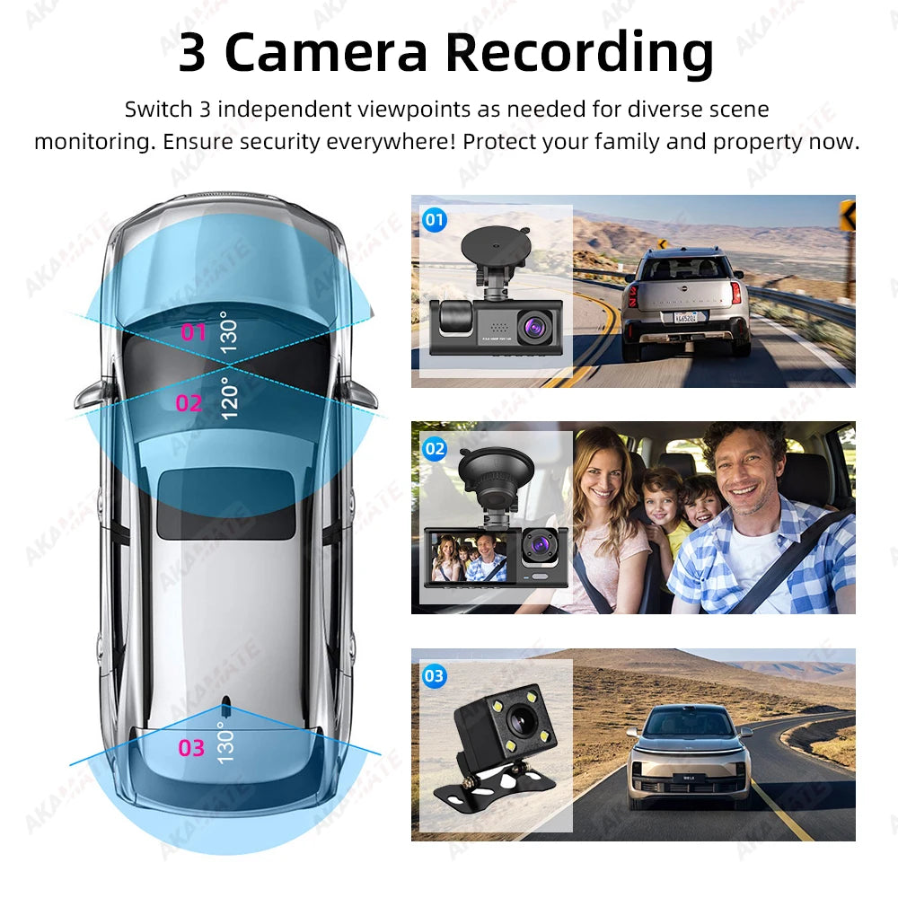 AKAMATE Car DVR 3 Camera Recorder &ndash; 1080P 3-Channel