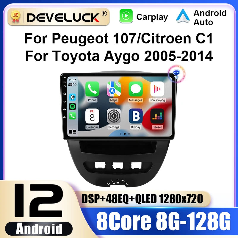 Peugeot 107, Toyota Aygo, Citroën C1 Android 12 Dvojitý DIN Auto Rádio s GPS Navigací