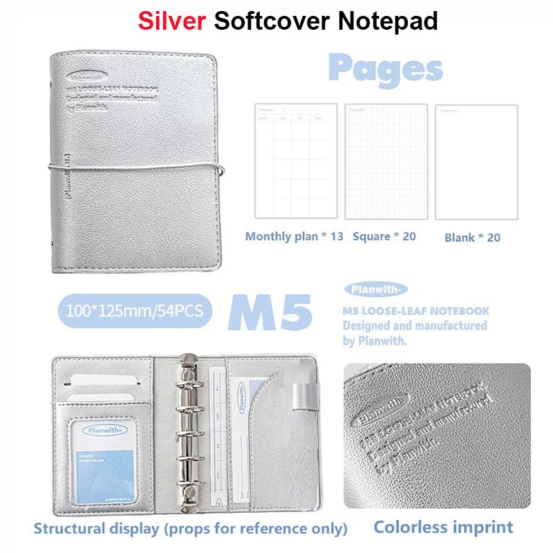 Planwith M5 Binder Notebook Set with Versatile Gel Pens and Flipchart Notepad Silver Notebook