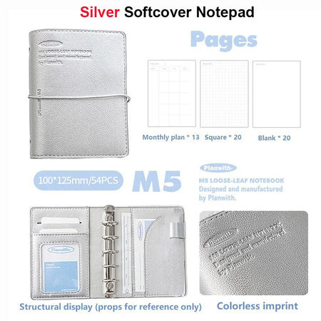 Planwith M5 Binder Notebook Set with Versatile Gel Pens and Flipchart Notepad Silver Notebook